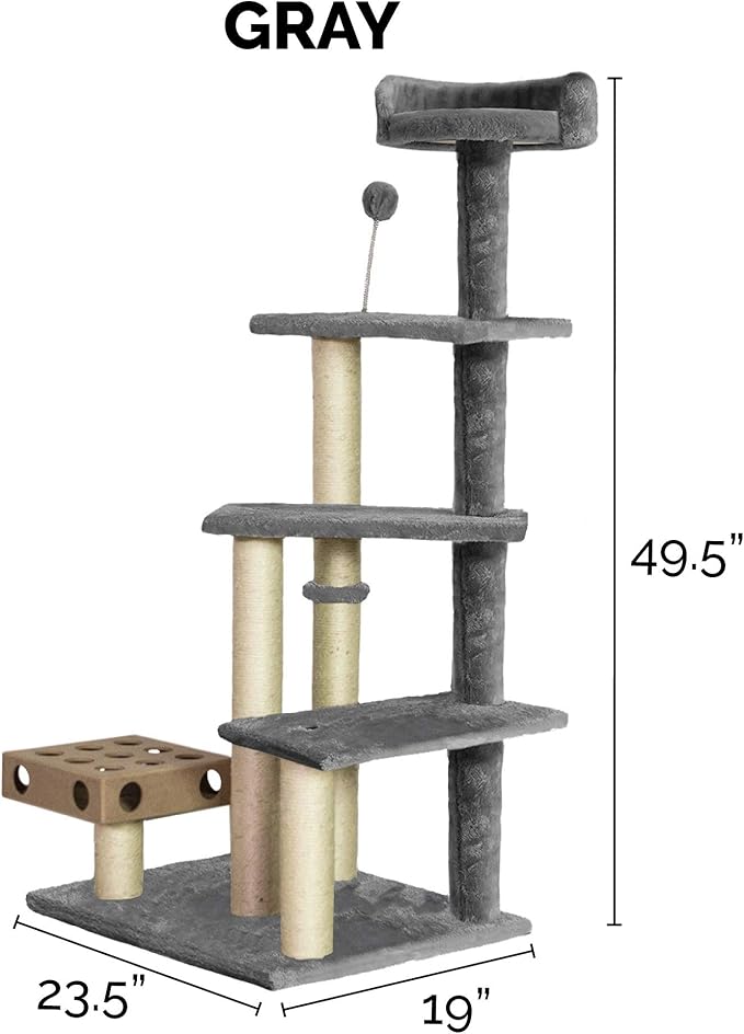 Furhaven 49.5" Tall Cat Tree for Indoor Cats, Ft. Sisal Scratching Posts, Plush Ball Toy, & Busy Box Toy - Tiger Tough Play Stairs Interactive Playground Tower - Gray, One Size-Mewly Pet