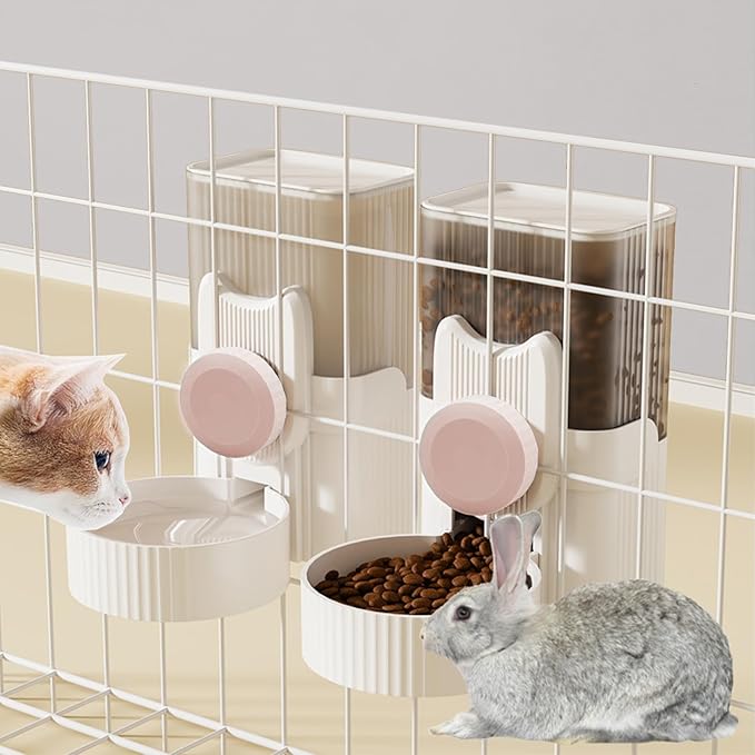 kathson Rabbit Gravity Auto Feeder Set 35oz Hanging Automatic Food Water Dispenser Cage Automatic Feeder Set for Rabbit Chinchilla Guinea Pig Hedgehog Ferret Kitty Puppy (Pink)-Mewly Pet