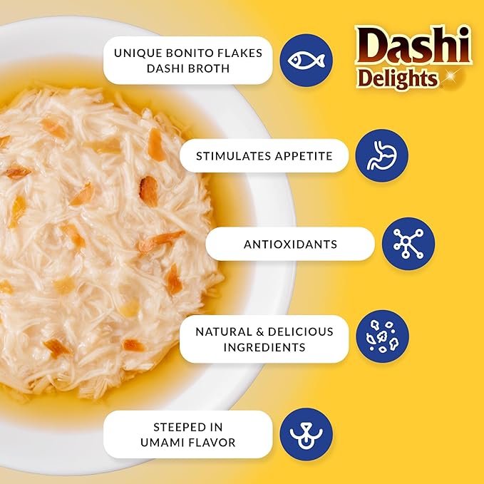 INABA Dashi Delights for Cats, Shredded Chicken with Bonito Flake Broth, 2.5 Ounce Cup, 12 Cups Total, Chicken Variety-Mewly Pet