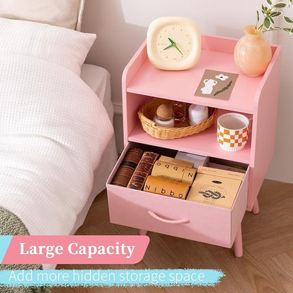 Yoobure Night Stand with Fabric Drawer, Modern Nightstand, Bedside Tables, Mid Century Nightstands with Open Storage Shelf, Wood Bedside Table, Small Night Stands for Bedrooms, 2-Tier Night Table