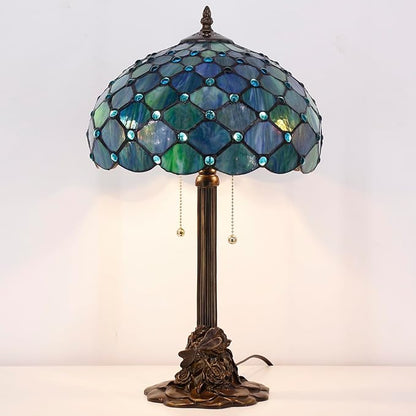 Tiffany Stained Glass Table Lamp 12X12X21Inch Resin Base Desk Bedroom Living Room Reading Light (Sea Blue Pearl)