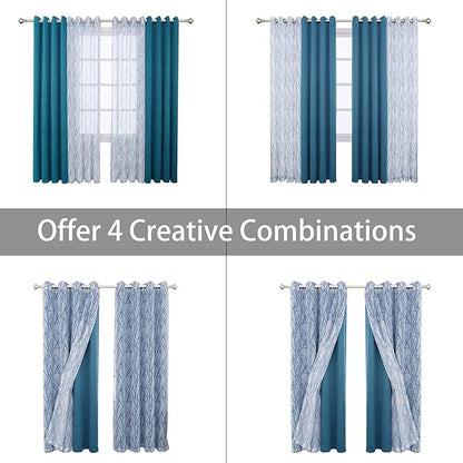 BONZER Mix and Match Curtains - 2 Pieces Branch Print Sheer Curtains and 2 Pieces Blackout Curtains for Bedroom Living Room Grommet Window Drapes, 54x108 Inch/Panel, Teal, Set of 4 Panels