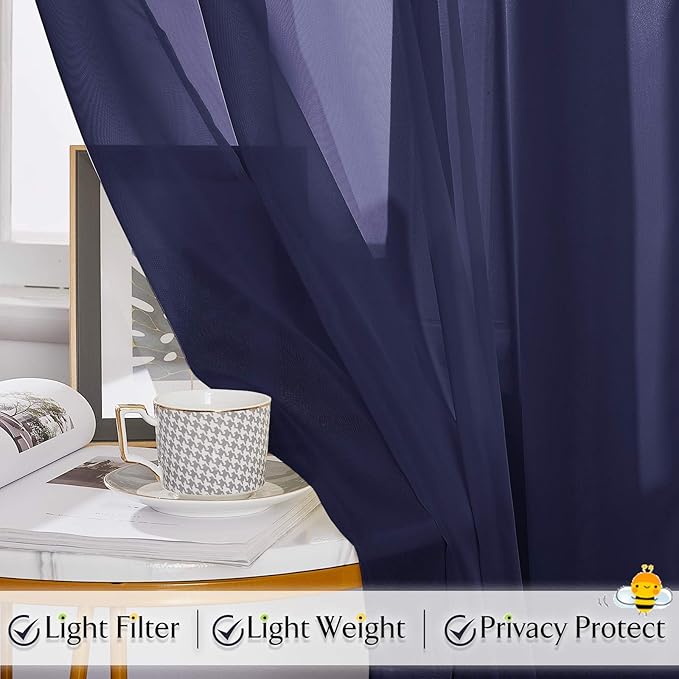 RYB HOME Sheer Curtains Scarf - Long Windows Valance for Living Room Home Decoration for Canopy Bed Ceremony Backdrop Outdoor Indoor Decor, 60 x 216 inches Long Each, 2 Panels, Navy Blue