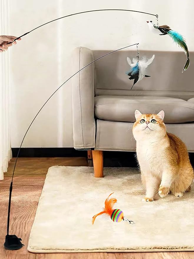 Interactive Cat Feather Toy with Super Suction Cup & Bonus Double-Sided Nano Adhesive – 3 Replaceable Feathers, Bell & Spring Wand – Fun Exercise for Indoor Cats & Kittens (Fly Bird Blue)-Mewly Pet