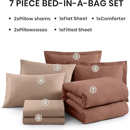 Monbix Full Size Comforter Set, Terracotta Bedding Comforter for Full Size Bed Set Reversible, Bedding Sets Full 7 Pieces, Cationic Dyeing Bed in a Bag with Comforter, Sheets, Pillowcases & Shams