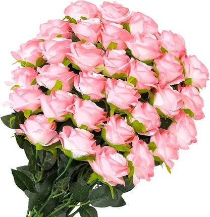 32 Pcs Light Pink Artificial Flowers Bulk, 20" Silk Gradient Blush Pink Real Touch Roses for DIY Wedding Bridal Bouquets, Centerpieces, Home Decor