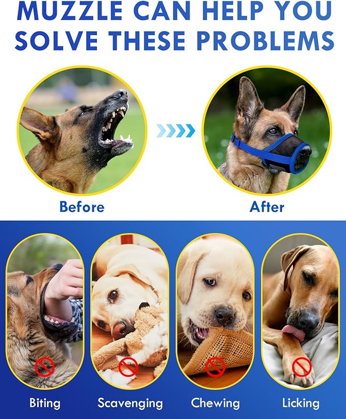 Dog Muzzle, Soft Air Mesh Muzzle for Small Medium Large Dogs Anti Biting Barking Chewing, Breathable Drinkable Adjustable Loop Pets Muzzle for German Shepherd Husky Labrador Retriever (Blue,L)-Mewly Pet