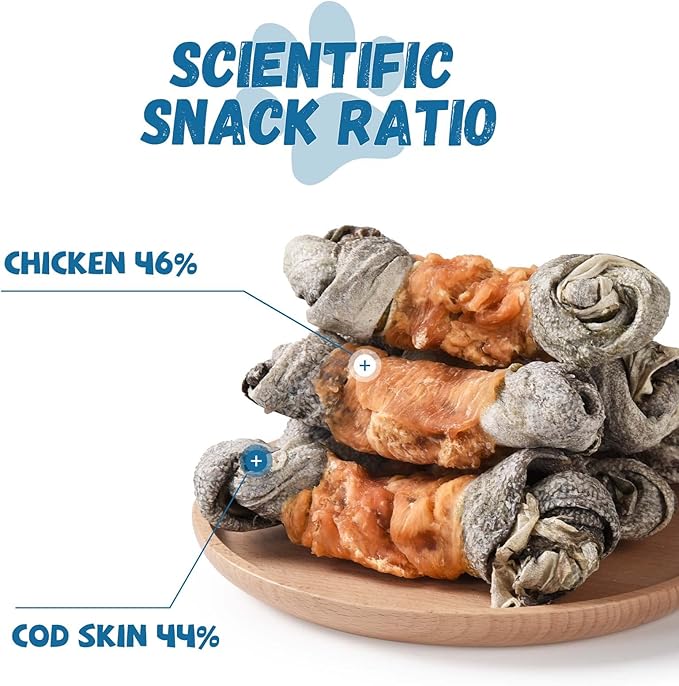 Dog Treats Chicken Wrapped Cod Skin Knotted Bones-6.5", All-Natural Healthy Fish Skin Dog Chew Treats, Rich in Omega-3 Protein, 4 Counts, 10.6 OZ-Mewly Pet