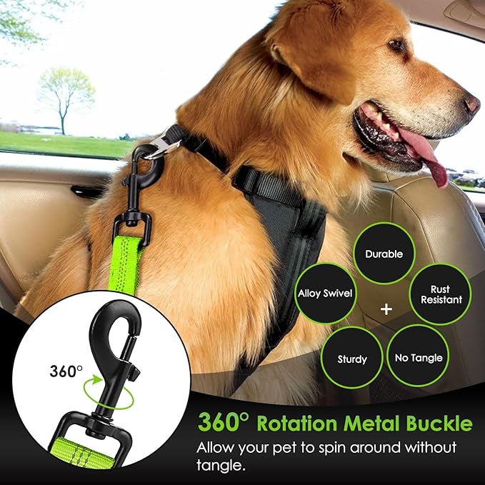 SlowTon Dog Seat Belt, Adjustable Dog Safety Belt Leash, 2 in 1 Latch Bar Attachment Dogs Car Seatbelt with Elastic Nylon Bungee Buffer, Reflective Nylon Belt Tether(VL,35.5in)-Mewly Pet