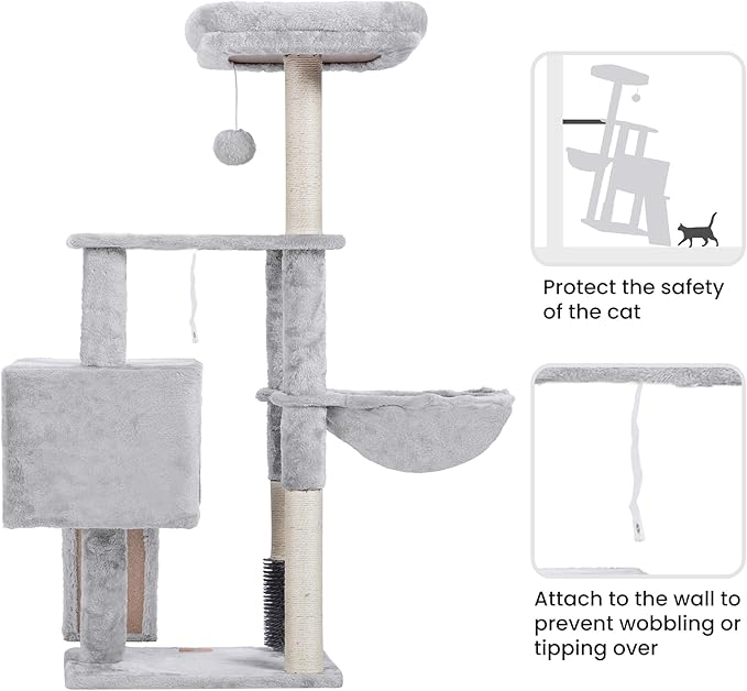 Heybly Cat Tree with Cat Self Groomer Brush, Cat Tower Condo for Indoor Cats with Padded Plush Perch, Cat House with Basket Scratching Board Post, Light Gray HCT005SW-Mewly Pet