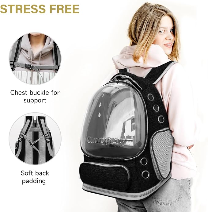 Cat Backpack Carrier, Breathable Cat Carrier Large Space Bubble Pet Backpack for Kitty Small Dog up to 12lbs, Transparent & Foldable Pet Carrier for Travel Hiking (Black-Mewly Pet