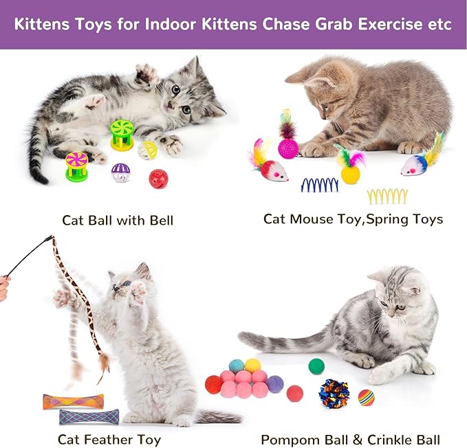 Retro Shaw Cat Toys Kitten Toys, Interactive Cat Tunnels Toy for Indoor Cats Kitty, Kitten Tube Tent Feather Wand Teaser Bell Fuzzy Ball Springs Mouse (33 Pcs Large Cat Tunnel Toys Set)-Mewly Pet