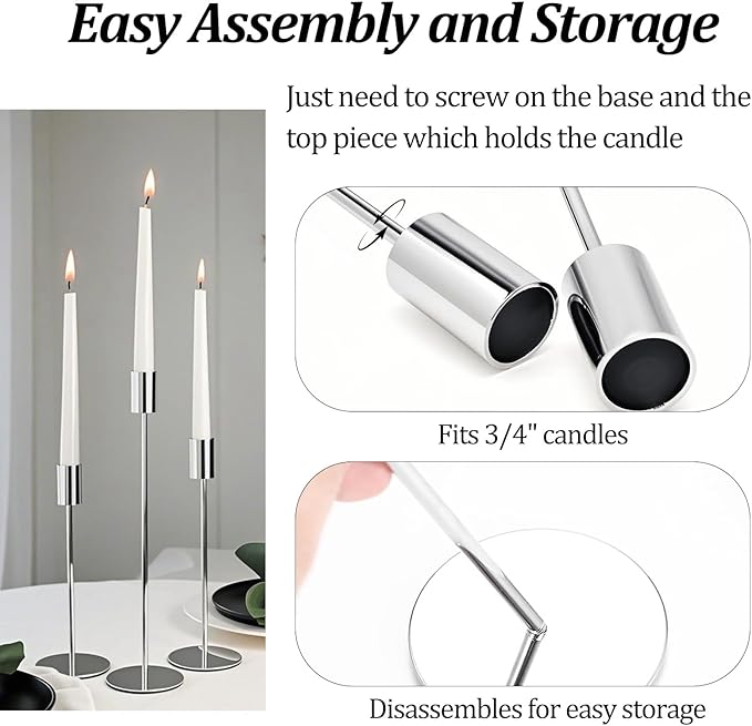 Set of 3 Silver Taper Candle Holders, Metal Gold Candlestick Holders, Tall Candle Holder, Fits 3/4 inch Thick Candle&Led Candles, for Table Centerpiece, Wedding, Dinning, Party Home Decor