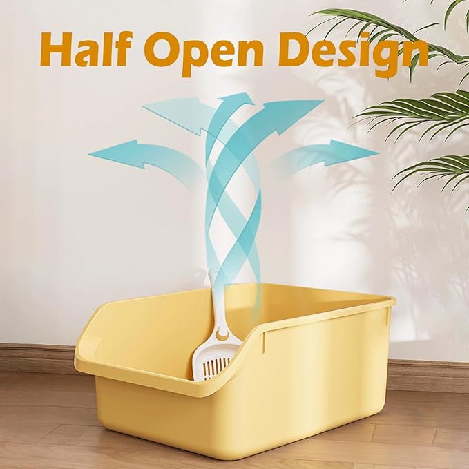 SpaceTime Large Cat Litter Box with High Sides,Cat Boxes for Indoor Cats,Cat Litter Pan for Kitty,Litter Box with Low Entry,Easy to Clean,Anti-Splashing(Cream White)-Mewly Pet