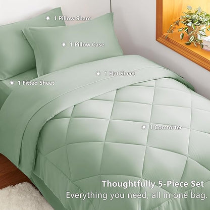 CozyLux Twin XL Comforter Set Sage Green - 5 Pieces Twin Extra Long Bed in a Bag for College Dorm, All Season Bedding Set for Girls and Boys, Soft Bed Set with Comforter, Sheets, Pillowcase & Sham
