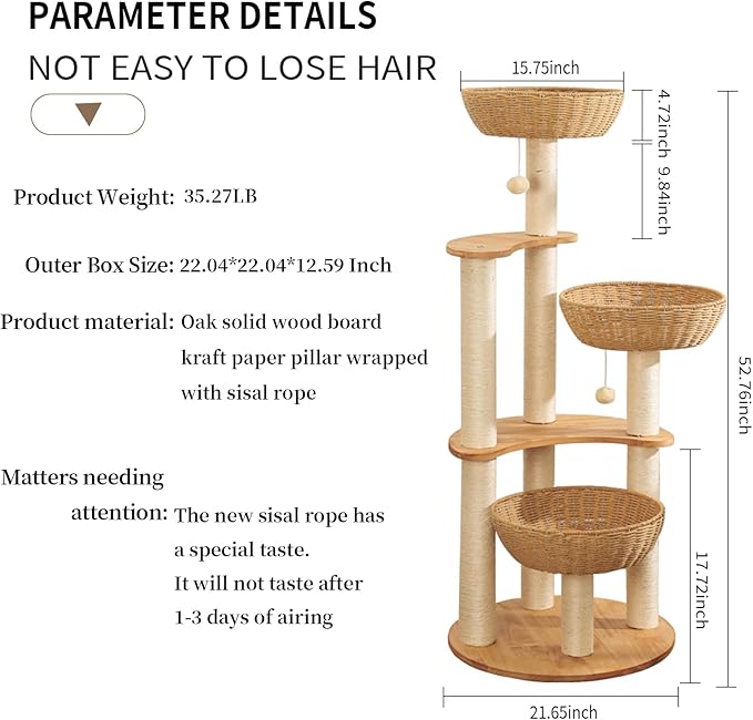 54" Modern Cat Tree Tower for Indoor Cats, Oak Cat Scratching Tree for Multiple Large Cats, Manual Hand Woven Luxury Cat Condo, Unique High-end Design Cat Furniture Activity Centre, Easy Clean-Mewly Pet