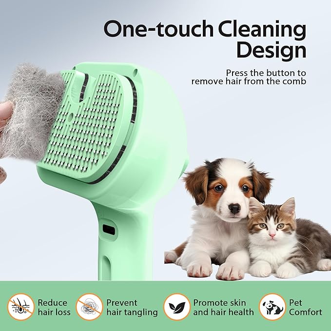 Pet Grooming Brush with Electronic Mist Spray - Gentle Deshedding Tool for Cats & Dogs, Pet Steam Brush，Reduces Shedding, Soft Bristles, Promotes Healthy Coat-Comes with a hair smoothing comb-Greener-Mewly Pet