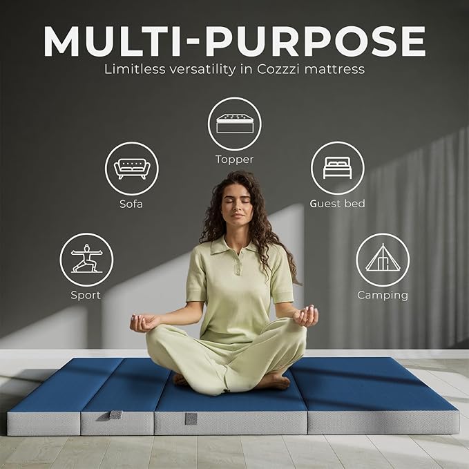 Cozzzi Folding Mattress Full Size for Floor and Traveling with Removable Cover - Lightweight and Portable Folding Mattress for Adults & Kids - Compact and Easy to Storage - Navy (75in x 54in x 4in)
