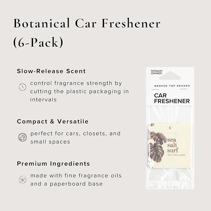 Broken Top Botanical Car Air Freshener Variety Pack, 6 Pack (2 Coconut Sandalwood, 2 Saguaro Cactus, 2 Sea Salt Surf)-Mewly Pet