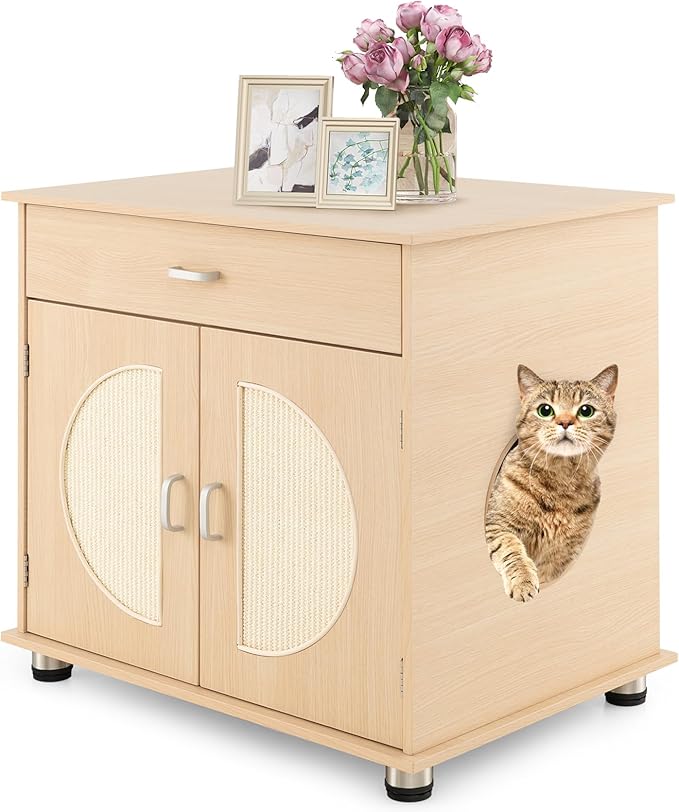 Tangkula Litter Box Enclosure, Hidden Cat Washroom with Drawer, Sisal Scratching Doors, Adjustable Metal Feet, Modern Cat Litter Cabinet Storage Bench, Double Enclosed Litter Box Furniture-Mewly Pet