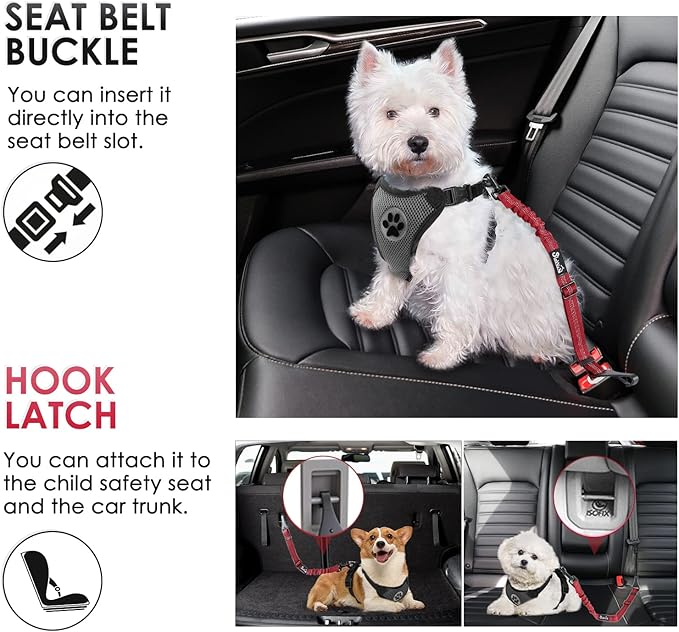 SlowTon 2 Pack Dog Seat Belt, 2 in 1 Attachment, Hook Latch Bar or Seatbelt Buckle with Elastic Nylon Bungee Buffer Adjustable Reflective Nylon Safety Belt Tether Connect to Dog Harness (2pack-R)-Mewly Pet
