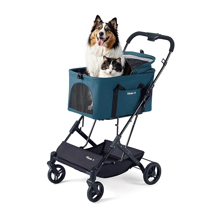 ibiyaya Essential – Travois Tri-Fold Pet Travel System for Medium Dogs, Cats, and More, 3 in 1 Dog Stroller with Detachable Carrier, XL Cabin (Nautical Blue)-Mewly Pet