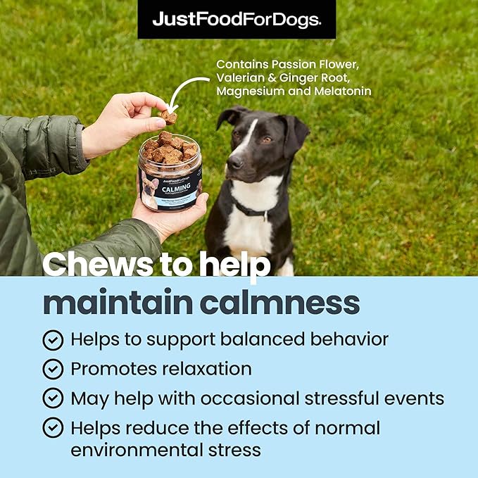 JustFoodForDogs Calming Supplement for Dogs Soft Chew to Support Stress and Anxiety, Melatonin, Relaxation Aid, Human-Grade Ingredients - 45 Count-Mewly Pet