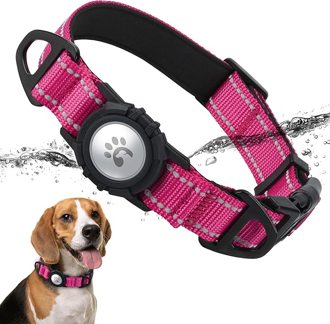 TagME Airtag Dog Collar,Waterproof Reflective Pet Collar with Airtag Holder,Soft Padded and Double D-Rings for Medium Dogs,Hot Pink-Mewly Pet