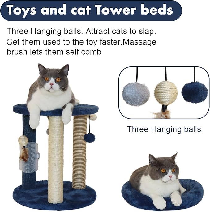 MECOOL Cat Scratching Post Tree with Tower Soft Bed.Natural Quality Sisal Carpet Jute Scratch Posts with Three Hanging Ball Toys and Massage Brush for Indoor Cats and Kittens Blue-Mewly Pet