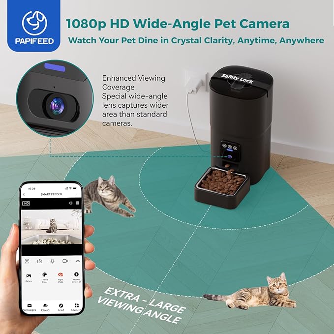 Automatic Cat Feeder,Camera 1080P HD - 6L Pet Feeder, 2.4/5G WiFi Smart App Control, Bluetooth Assist Link,Wide-Angle Lens,Automatic Feeder for Small and Medium-Sized Pets-Mewly Pet