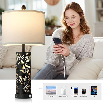 Set of 2 Rustic Table Lamps for Living Room Bedroom, Vintage Farmhouse Nightstand Lamp with 2 USB Ports, Hollow Out Black Metel Lamp for End Table with Nightlight (Retro Black)
