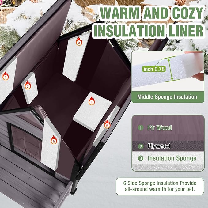 Dog House Outdoor Insulated for Winter, Puppy Kennel with Anti-Chewing Iron Frame, Weatherproof Dog Crate with Insulated Liner for Small Medium Large Dogs (Grey, 45" x 32.9" x 32.6")-Mewly Pet