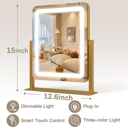 Vanity Mirror with Lights, 12.6"×15" LED Makeup Mirror, Lighted Makeup Mirror with Lights, Smart Touch Control Dimmable 3 Modes Light, Lighted Up Mirror for Makeup Desk, Gold