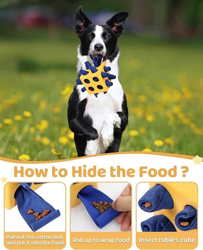 Interactive Puzzle Dog Toy Encourage Natural Foraging Skill, Durable Dog Enrichment Toy Snuffle Cube Cloth Strip with Hide & Seek Food, Slow Feeder for Mind Stimulate & Stress Relief (Yellow)-Mewly Pet