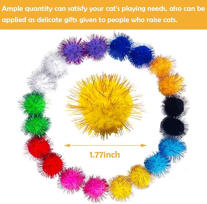 PET SHOW 20pcs Cat Sparkle Ball for Indoor Cats 1.77 Inch Assorted Color Glitter Kittens Toy Balls Cat Chase Pom Pom Balls for Cats-Mewly Pet