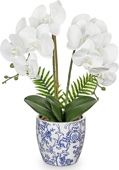 Briful Orchid Fake Flowers 18.8in White Orchid Silk Flower with Blue and White Pot Faux Orchid Arrangement for Home Office Room Shelf Table Centerpiece Decoration