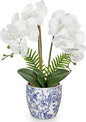 Briful Orchid Fake Flowers 18.8in White Orchid Silk Flower with Blue and White Pot Faux Orchid Arrangement for Home Office Room Shelf Table Centerpiece Decoration