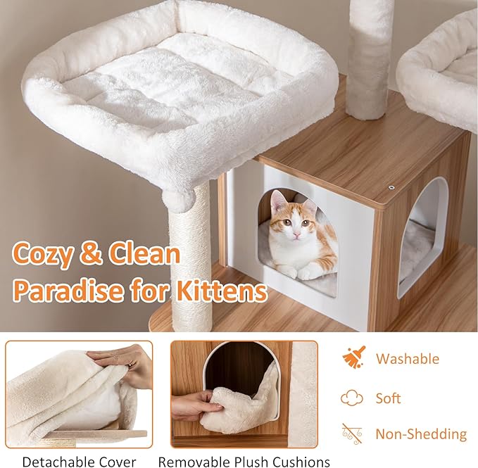 PETSITE 68 Inch Modern Tall Cat Tree for Indoor Cats, Multi-Level Wooden Cat Tree Tower with Sisal Scratching Posts, 3 Top Perches, Cat Condo, Comfy Hammock, Sisal Ramp, and Jingling Balls-Mewly Pet