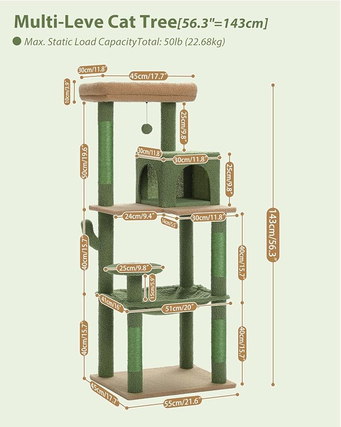 Cactus Cat Tree for Large Cats with Metal Plush Big Hammock, 56.3" Cat Tower for Indoor Cats with 2 Door Condo House, 6-Tier Cat Shelves with Scratching Posts and Large Top Perch,Green-Mewly Pet