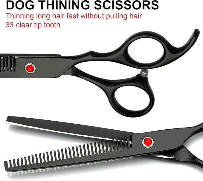 Professional Dog Grooming Scissors Set Stainless Steel Dog Grooming Kit - Thinning, Curved Scissors and Comb for Dog Cat Pet (Black 5 in1)-Mewly Pet