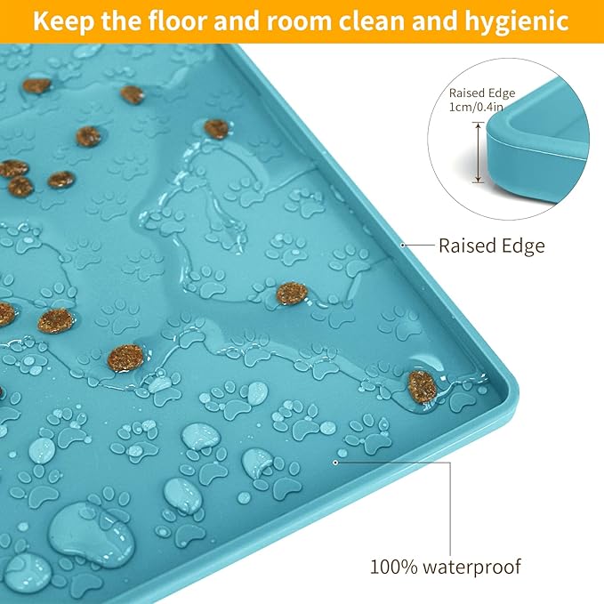 Ptlom Dog Food Mat Anti-Slip Pet Bowl Mats for Food and Water, High-Lips Pet Placemat Prevent Messy Spills to Floor, Waterproof Puppy Feeding Tray for Small, Medium Large Dogs Cats, Silicone-Mewly Pet