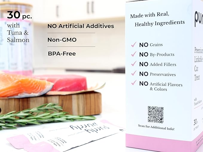 Purrly Squeezable Cat Treats Wet Healthy Interactive Hydrating Human-Grade Tuna & Salmon with Omega-3 & 6 for Skin & Coat (30 Count) Lickable Healthy Creamy Puree-Mewly Pet