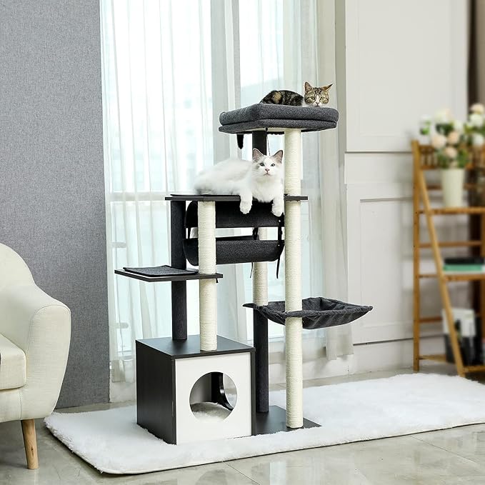 PEQULTI 51.4 Inches Modern Cat Tree Premium 6 Levels Wooden Cat Tower with Fully Sisal Covered Scratching Posts, Cozy Condo, Spacious Perch, Super Large Hammock and Swing Tunnel for Indoor Cats Gray-Mewly Pet