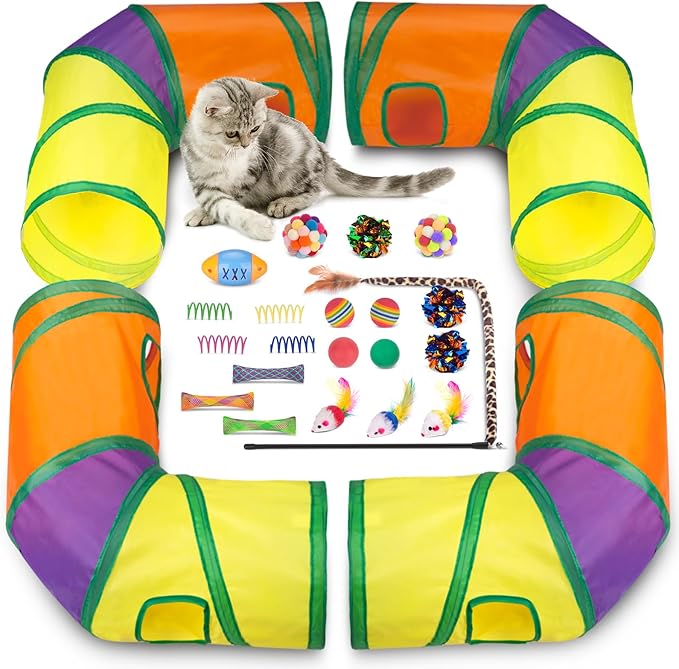Retro Shaw Cat Tunnels with Cat Toys Pack, Interactive Kitten Toys for Indoor Cats Kitty, Kitten Tube Tent Feather Wand Teaser Bell Fuzzy Ball Springs Mouse (25 Pcs Extra Large Cat Tunnel Toys Set)-Mewly Pet