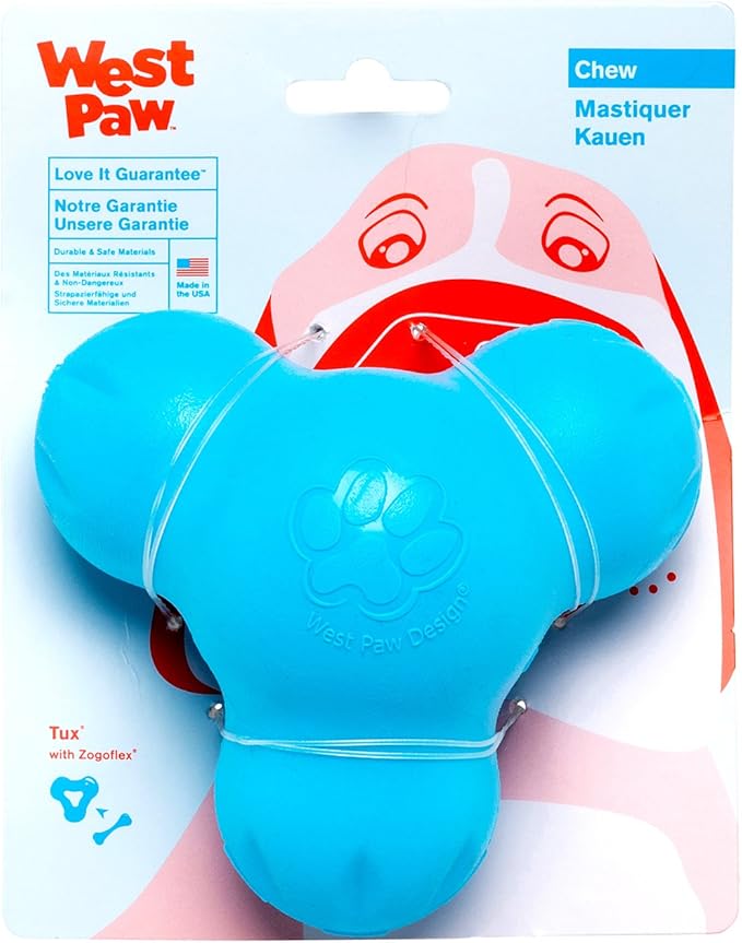 WEST PAW Zogoflex Tux Treat Dispensing Dog Chew Toy – Interactive Chewing Toy for Dogs – Dog Games for Aggressive Chewers, Fetch, Catch – Holds Kibble, Treats, Small 4", Aqua Blue-Mewly Pet