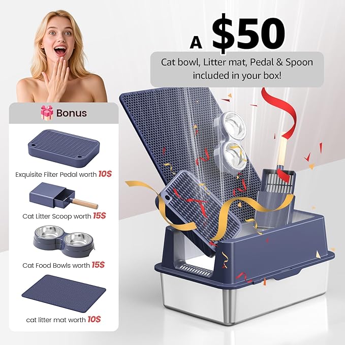 Stainless Steel Cat Litter Box - Enclosed XL Metal Kitty Litter Box with Lid for Big Cats, High Sided, Anti-Leakage, Easy Cleaning, Non-Sticky, Included Litter Mat, Cat Bowl & Spoon-Mewly Pet