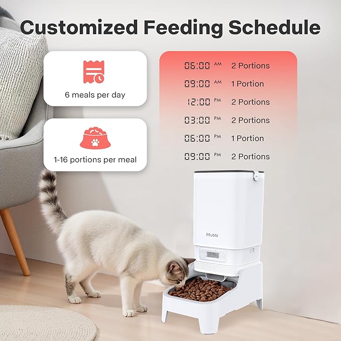 Automatic Cat Feeders, 7L/29 Cups Automatic Dog Feeder, Cat Food Dispenser, No-Jam Rotor, Up to 6 Meals for 2-15 mm Dry Food, with Elevated Stand, Stainless Steel Bowl-Mewly Pet