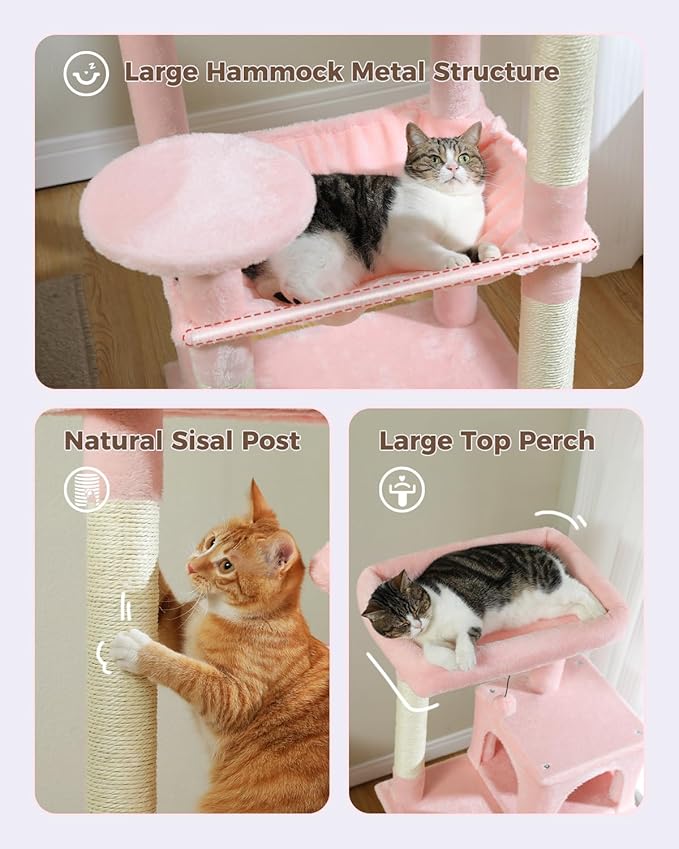 Cat Tree for Large Cats Adult with Metal Plush Big Hammock, 56.3" Cat Tower with 2 Door Condo House, 6-Tier Cat Shelves with Scratching Posts and Large Top Perch, Light Pink-Mewly Pet