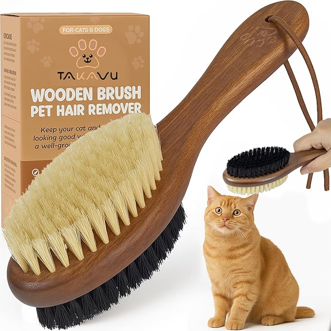 Takavu Double-Sided Boar Bristle Cat Brush - Natural Grooming Tool for Gentle Cleaning, Shine & Reduced Loose Hair - Wood Handle Pet Brush-Mewly Pet