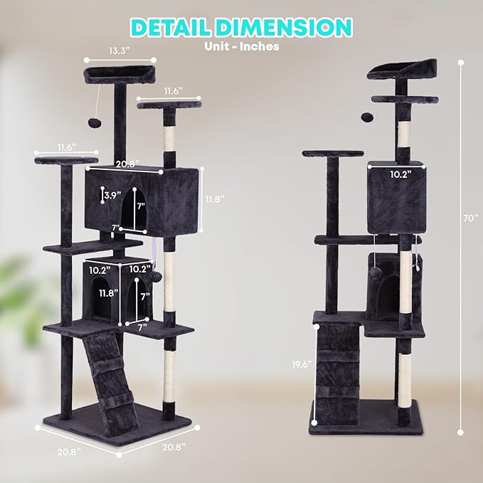 FDW Cat Tree 70in Cat Tower Multi-Level Durable Cat Scratching Post & Cozy Fun Cat Jumping Platform Space Saving Cat Condo Pet Play House for Indoor Cats,Ashy-Mewly Pet